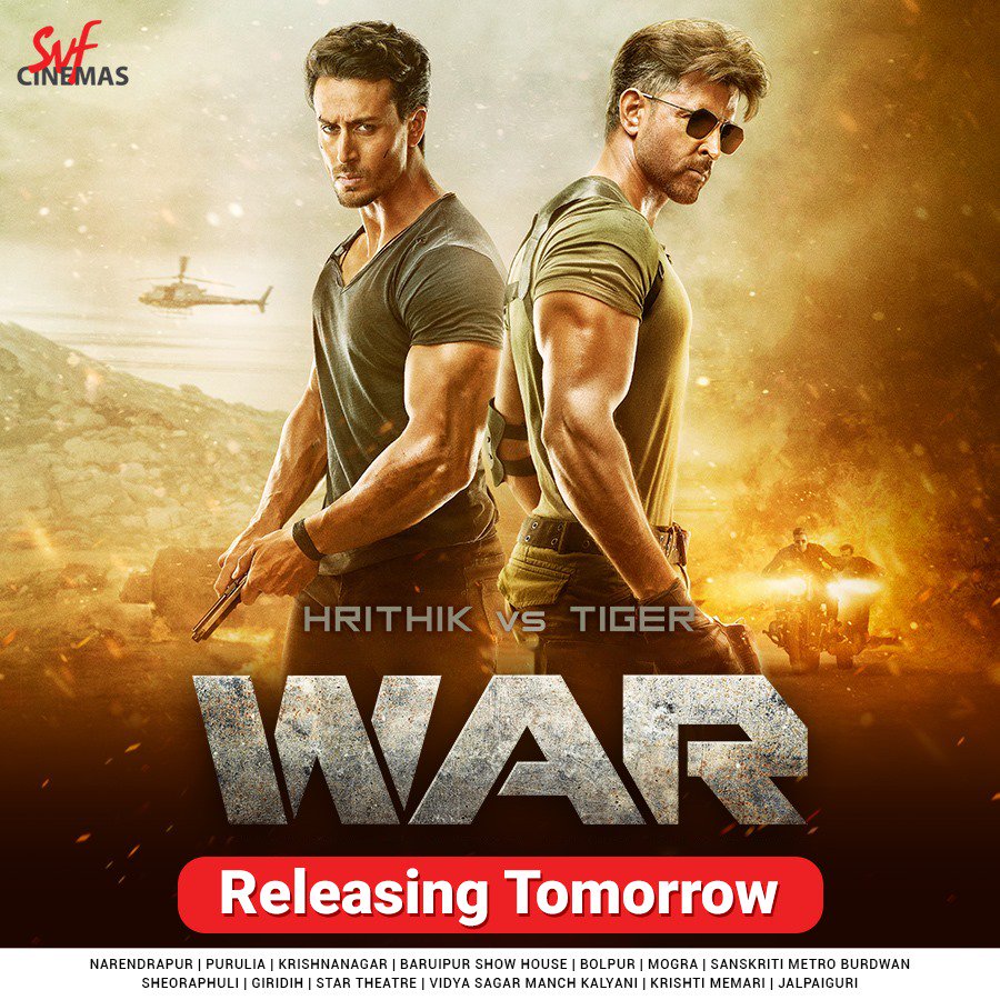 It's almost time for the showdown we have been waiting for! Experience #War at #SVFCinemas | #WarReleasingTomorrow @iHrithik @iTIGERSHROFF @Vaaniofficial #SiddharthAnand #HrithikvsTiger @War_TheFilm