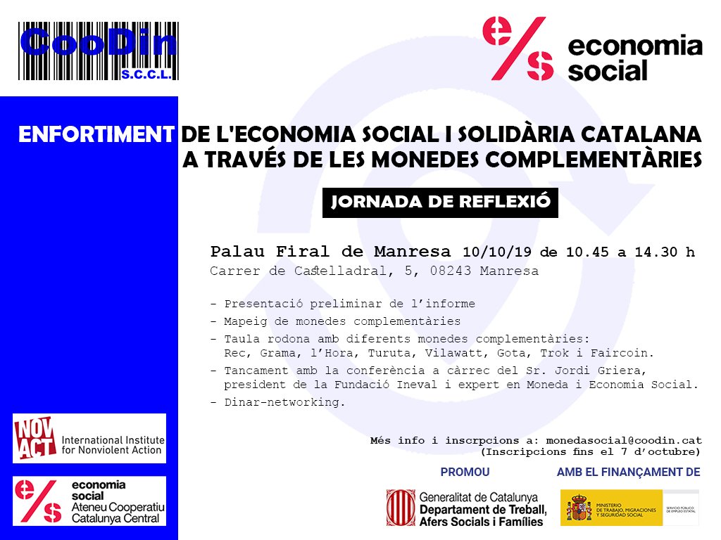 CoopCatCentral's tweet photo. ➡️ «Enfortiment de l'economia social i solidària catalana a través de les monedes complementàries». Jornada de reflexió a càrrec de la cooperativa #Coodin
📅 Dijous, 10 d'octubre 🕥 De 10.45h a 14.30h
📌 Palau Firal de Manresa
✍️ Info i inscripcions: monedasocial@coodin.cat https://t.co/gCWydEhl6q