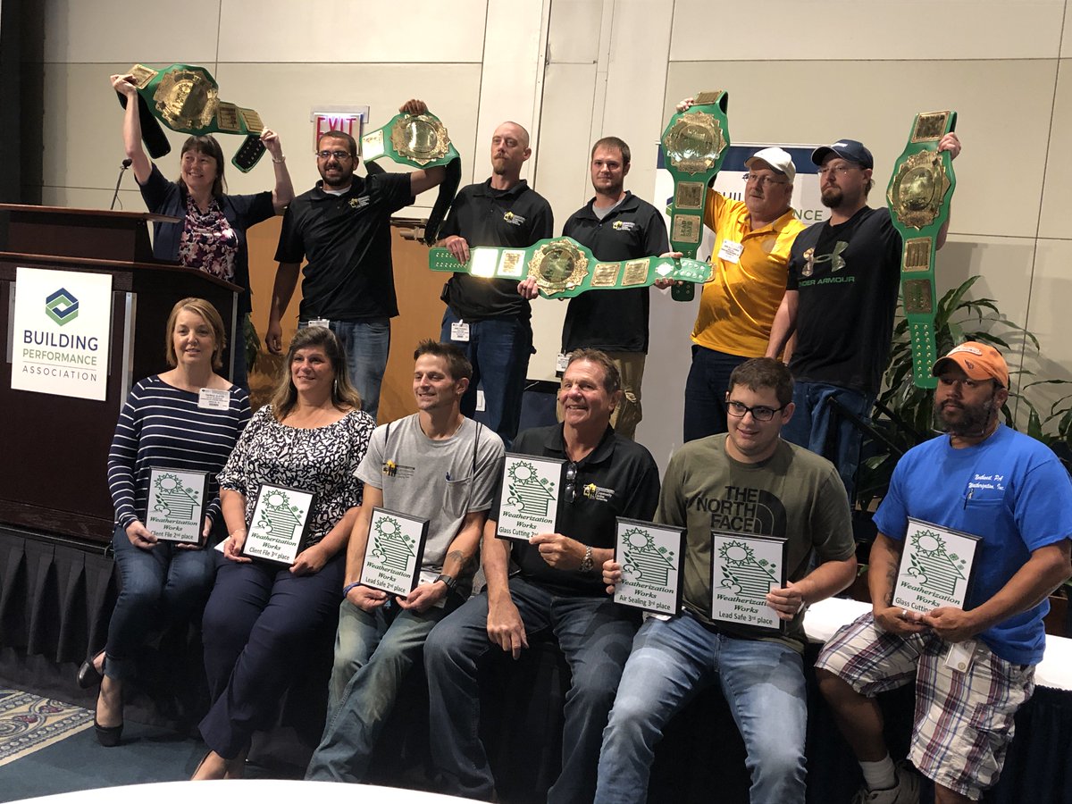 JoinBPA's tweet photo. “Champions are champions not because they do anything extraordinary but because they do the ordinary things better than anyone else.” Congrats to our crew competition winners! #PAHP19 #weatherization #glasscutting #champs #winners #densepacking #leadsafe #clientfile #airsealing https://t.co/DUyjB498pr