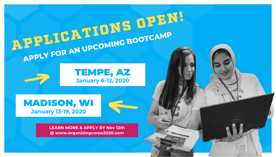 orgcorps2020's tweet photo. 🚨 NOW OPEN 🚨 Applications for Organizing Corps 2020's AZ &amp; WI winter bootcamps are live 🙌. Get the skills you need to work on the 2020 general election. Apply @ https://t.co/eWeDLGtQv5! https://t.co/50Ijbs4Nta