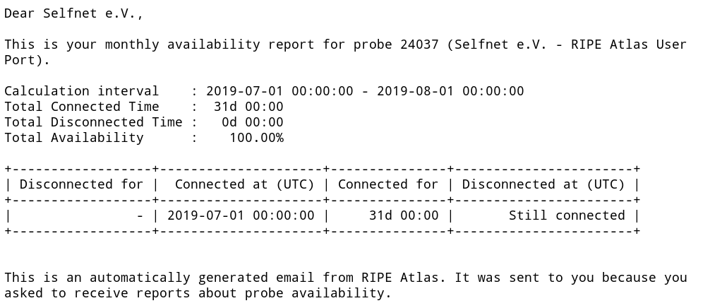 RIPE Atlas monthly report email for our RIPE Atlas probe connected to a switch just like a dormitory room a member lives in. July 2019 has an uptime of 100% with zero downtime. :-)