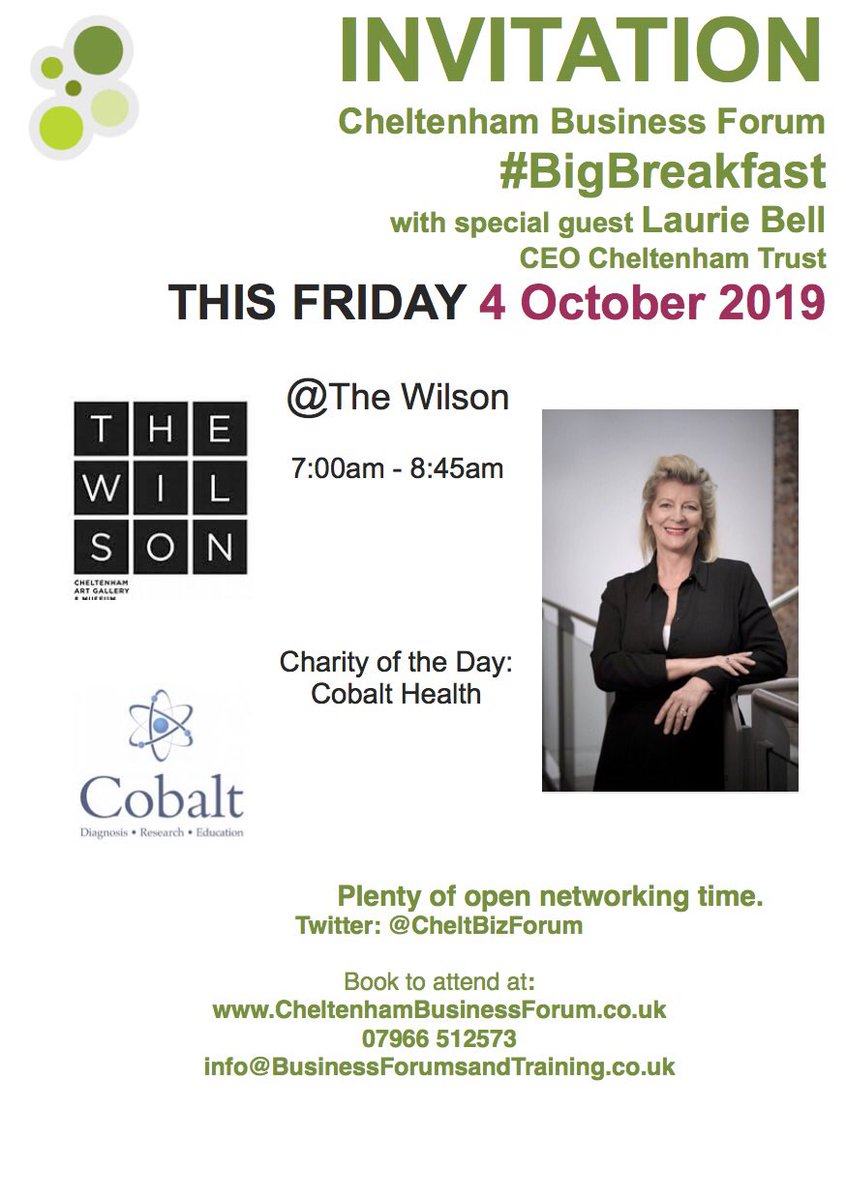 THIS FRIDAY 4 Oct 7-8:45am #BIGbreakfast in #Cheltenham hearing from @CheltenhamTrust CEO Laurie Bell and supporting #CharityoftheDay @cobaltimaging book your place via
lnkd.in/dyKBKs8 
#newbusinessopportunities #growingyourbusiness #gloucestershire #businessdevelopement
