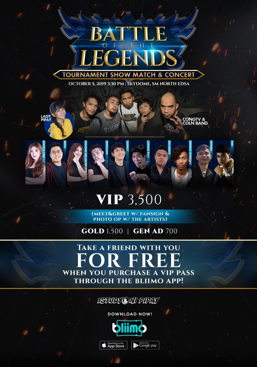 bliimo's tweet photo. We're giving out free passes for every VIP pass booked for Battle of the Legends! Buy a VIP pass through the Bliimo app and take a friend with you for FREE!!🤯

Just make sure you walk in with your duo at the same time and you're good!

https://t.co/u5PAU8MBY3

#BookThereItIs https://t.co/NVb599UqWy