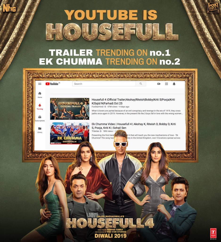 It’s a Housefull of trendsetters on @YouTubeIndia! #Housefull4 trailer trending at No. 1 and #EkChumma at No. 2! Thank you for the love 🙏🏻