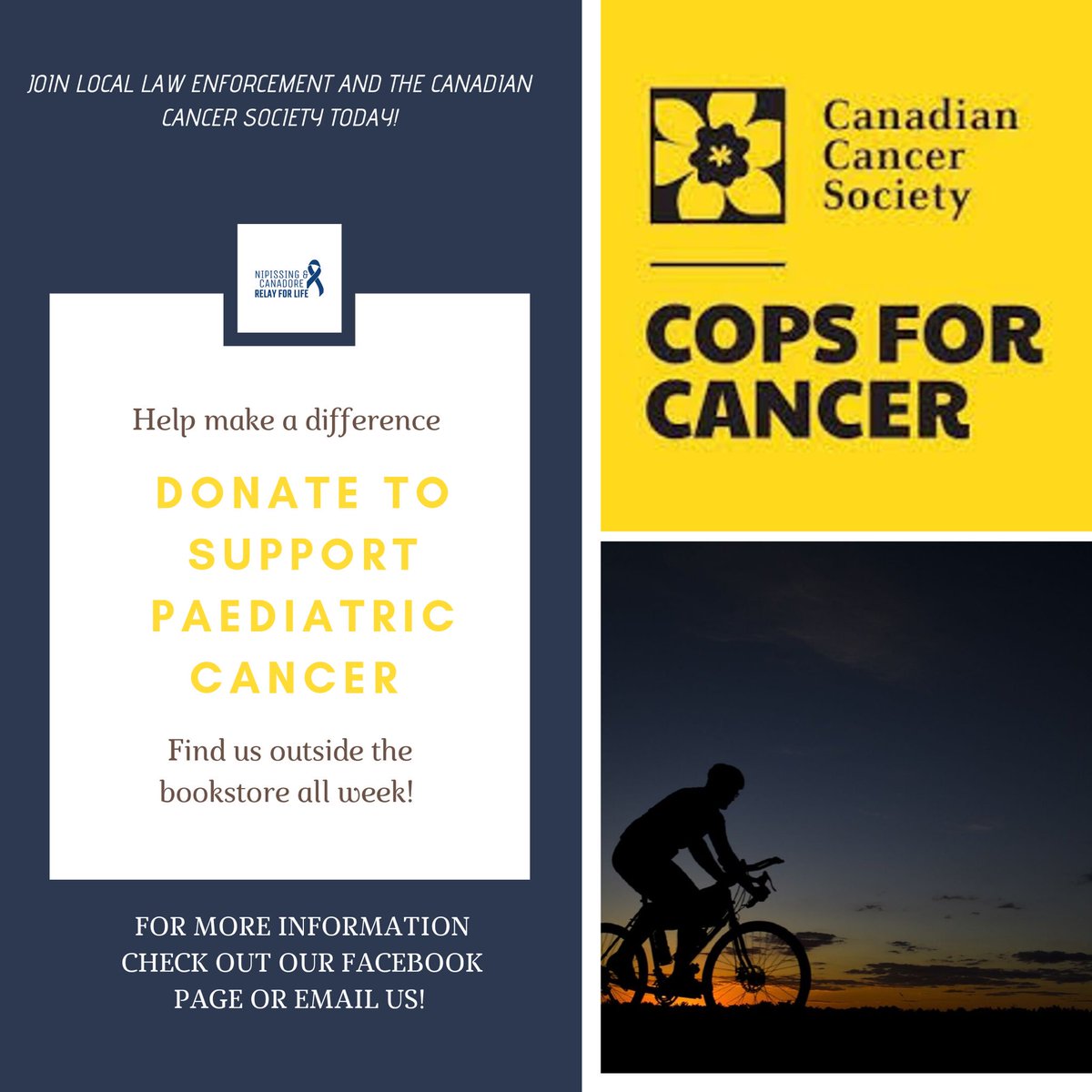 RFLNUCC's tweet photo. Stop by our booth this week and donate 💰 to support paediatric cancer! 🎗The event happens on October 18th, with local law enforcement biking 🚴‍♂️around North Bay collecting all the donations from each school. #copsforcancer #bebiggerthancancer #donatetoday https://t.co/rYzezEDShj