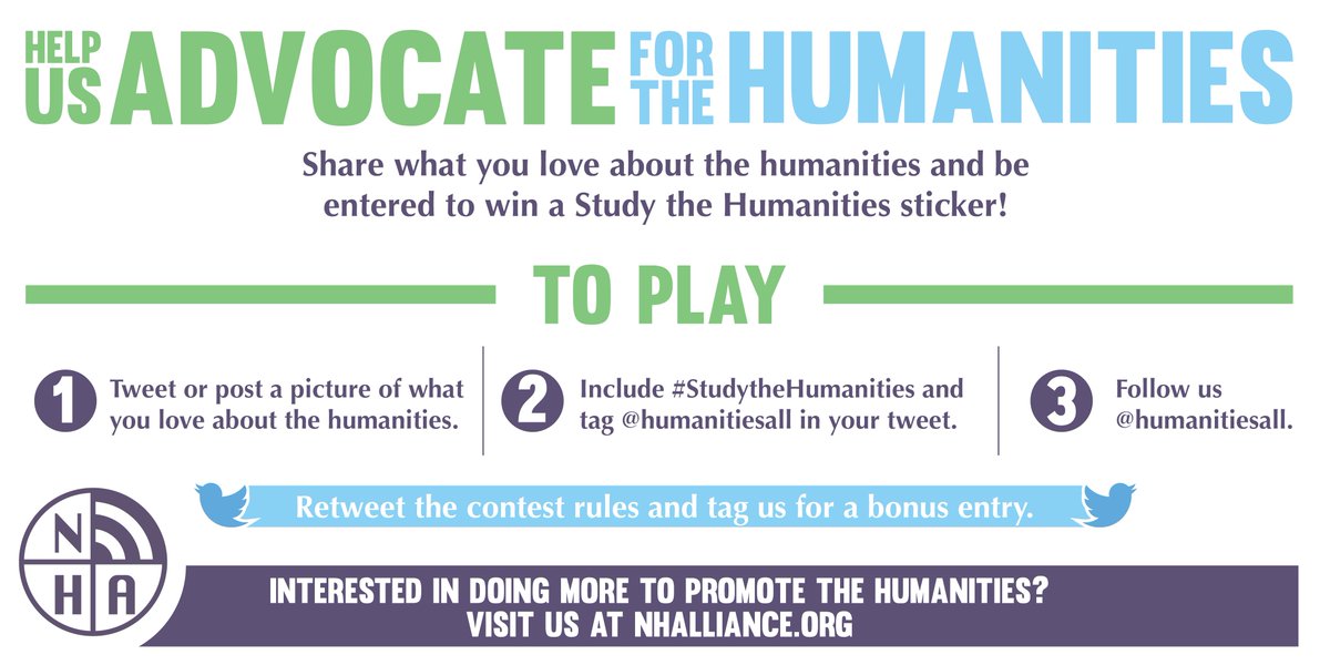 HumanitiesAll's tweet photo. It's National Arts and Humanities Month! Celebrate with us by sharing what you love about the #humanities for a chance to win a #StudytheHumanities sticker! Check out the contest rules below! https://t.co/vvHhuSVADf