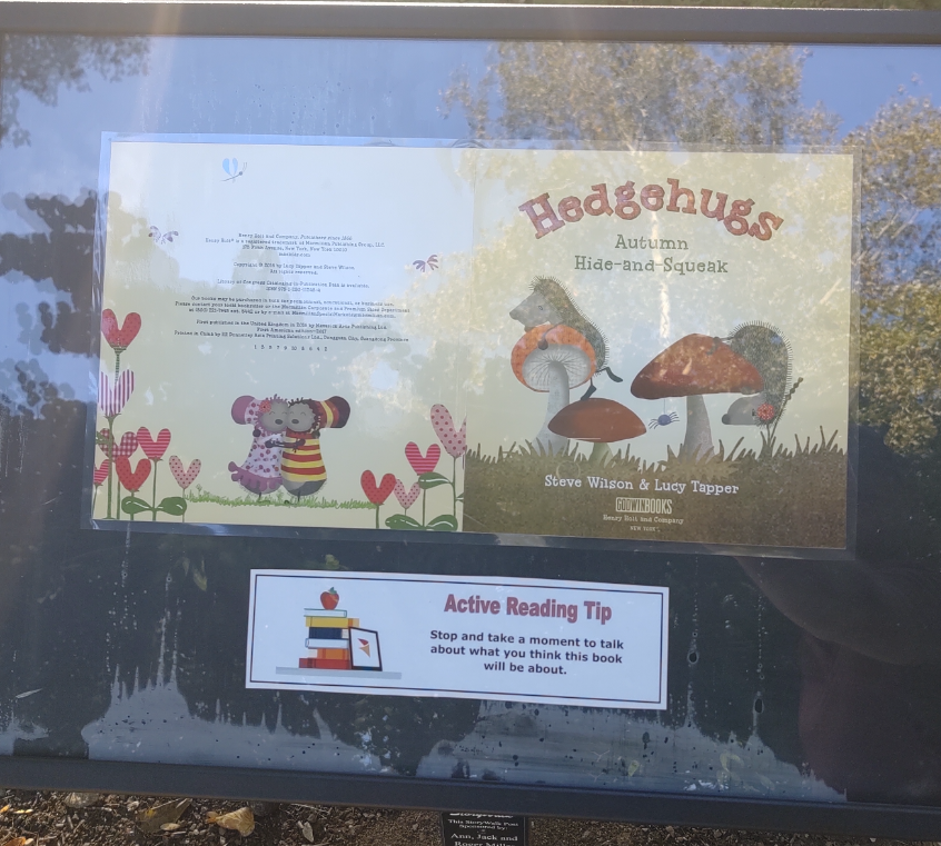fhcpl's tweet photo. The October StoryWalk book has been posted today at Riverside Park. The book, Hedgehugs, is the featured story for October.  https://t.co/CXxuGcWZwM https://t.co/KDMfd9m0s8