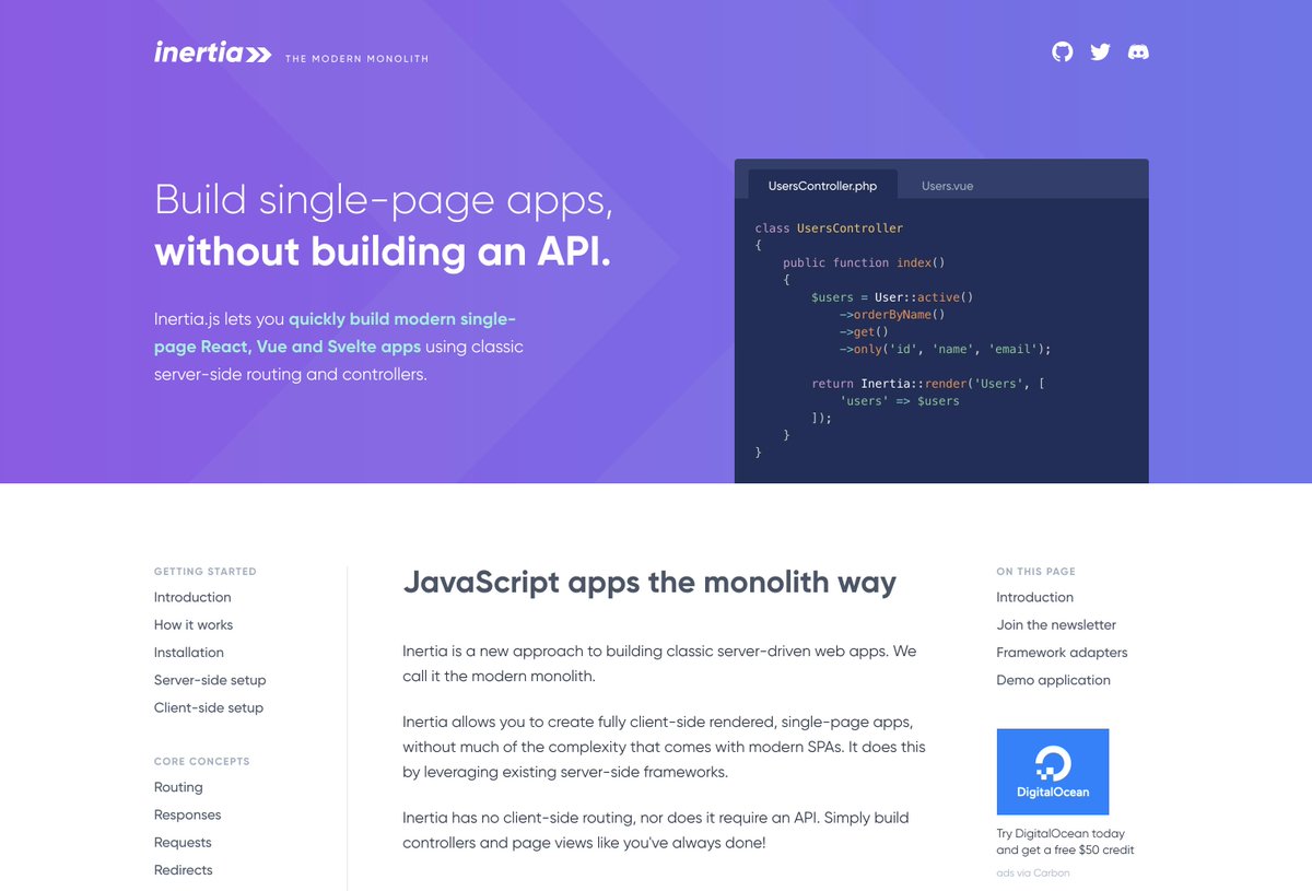 Jonathan Reinink (@reinink) on Twitter photo 🌟 I am super excited to announce the launch of the new <a href="/inertiajs/">Inertia.js</a> website! 🌟
inertiajs.com
It's been months in development, and still needs some work, but the essentials are now there. 👨💻
Let me know what you think! 🤟 🌟 I am super excited to announce the launch of the new <a href="/inertiajs/">Inertia.js</a> website! 🌟
inertiajs.com
It's been months in development, and still needs some work, but the essentials are now there. 👨💻
Let me know what you think! 🤟