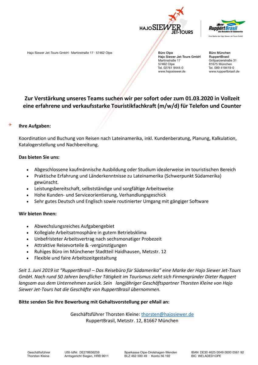 💰 👍 Zur Verstärkung unseres Teams suchen wir sofort oder zum 01.03.2020 in Vollzeit eine verkaufsstarke Touristikfachkraft (m/w/d) für Telefon und Counter in unserem Büro in München. Alle Details findet ihr in angefügter Grafik. #job #stellenanzeige #arbeit #bewerbung