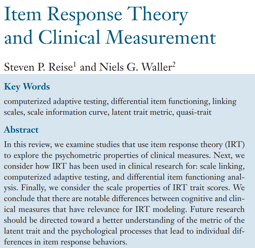 _psyguy's tweet photo. "Item Response Theory and Clinical Measurement."
Reise and Waller (2009), in Annual Review of Clinical Psychology.
doi:10.1146/annurev.clinpsy.032408.153553
https://t.co/B7Ds05SXVm
#measurement, #IRT, #DIF, #LatentVariableModeling, #ComputerizedAdaptiveTesting. https://t.co/0nAcJAeZCK