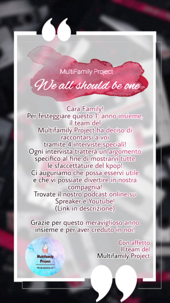 multifamilyita's tweet photo. Family! 💖
È finalmente online il nostro podcast per il 1° Anniversario del Multifamily! 🎙🎶
Ora online su:
Spreaker: https://t.co/RFzGmh62K6
Youtube: https://t.co/Limxb4se5L
#multifamilyproject #weallshouldbeone #DAY6 #astro #got7 #MAMAMOO #ONEUS #StrayKids #TheRose #BTS https://t.co/SjwpRt5wUZ