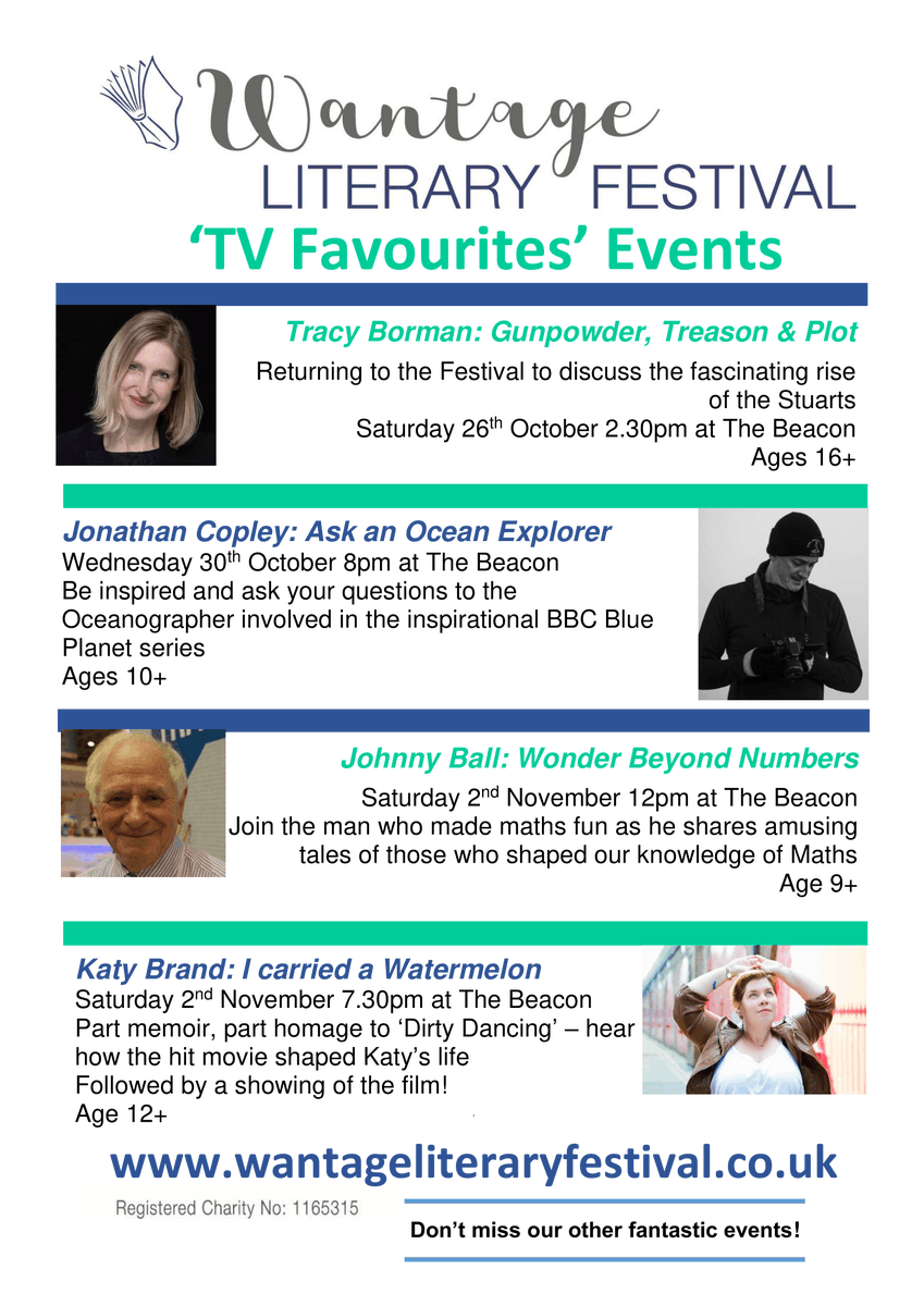 wantagelitfest's tweet image. We've a whole host of Tv Favourites at the 2019 #Wantage Literary Festival! Get your tickets now while they last!
@TracyBorman - 26th Oct
@expeditionlog - 30th Oct
@JohnnyBallco - 2nd Nov
@KatyFBrand - 2nd Nov

ticketsource.co.uk/wantage-litera…
@WantageTownTeam @BeaconWantage @edvaizey