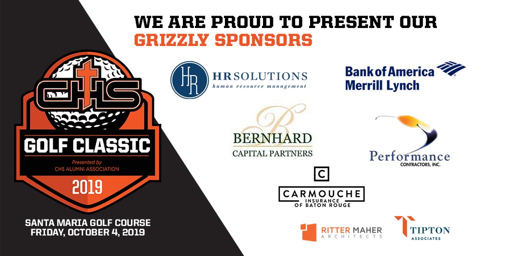 CHS_BR's tweet photo. We are proud to present our Grizzly Sponsors for the 2019 CHS Golf Classic at Santa Maria Golf Course, Friday, October 4th! Thanks for your support & GO BEARS!
#HRSolutions @BankofAmerica #BernhardCapitol #PerformanceContractors #CarmoucheInsurance @rittermaher #TiptonAssociates https://t.co/Cb3smMXYnM