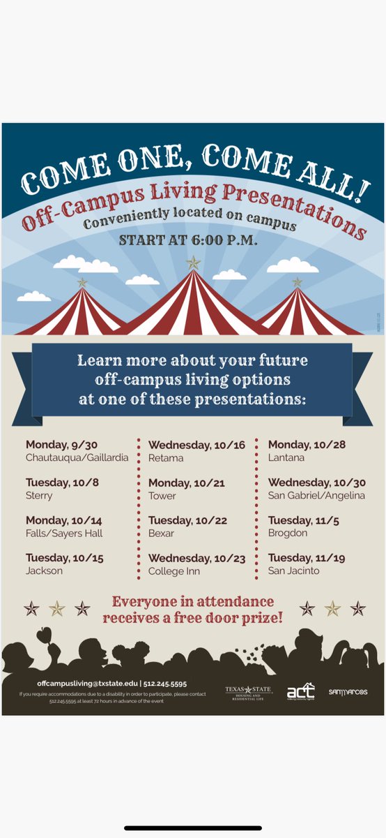 Come learn about off campus living for next year if you’re interested Tuesday October 8th at Sterry Hall!!