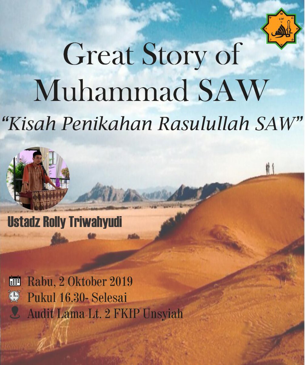 Kembali mari kita pelajari kisah Rasulullah jika kita mengaku cinta padanya. Dalam kajian umum "Great Story Of Muhammad Saw. 
Besok sore (2 oktober 2019) pukul: 16.20 WIB. di Auditorium Lt. 2 Fkip Unsyiah.