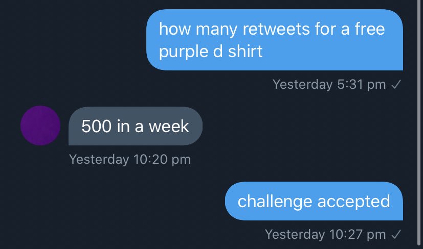 sammygreenbw's tweet image. guys u gotta help me out here i need me a purple d shirt 500 retweets rn