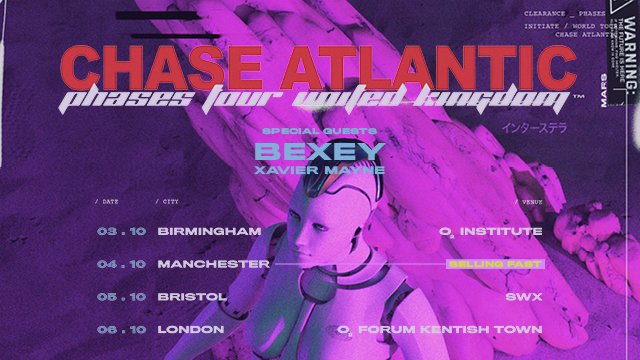 O2AcademyBrix's tweet photo. THIS SUNDAY at our sister venue @O2ForumKTown // Aussie Alt-pop trio @ChaseAtlantic on their #PhasesTour with special guests UK rapper @BEXEYSWAN and fellow Aussie rapper on the rise @itsxaviermayne!!👉 https://t.co/87xgFp6PFo https://t.co/Z16ggfvmtL