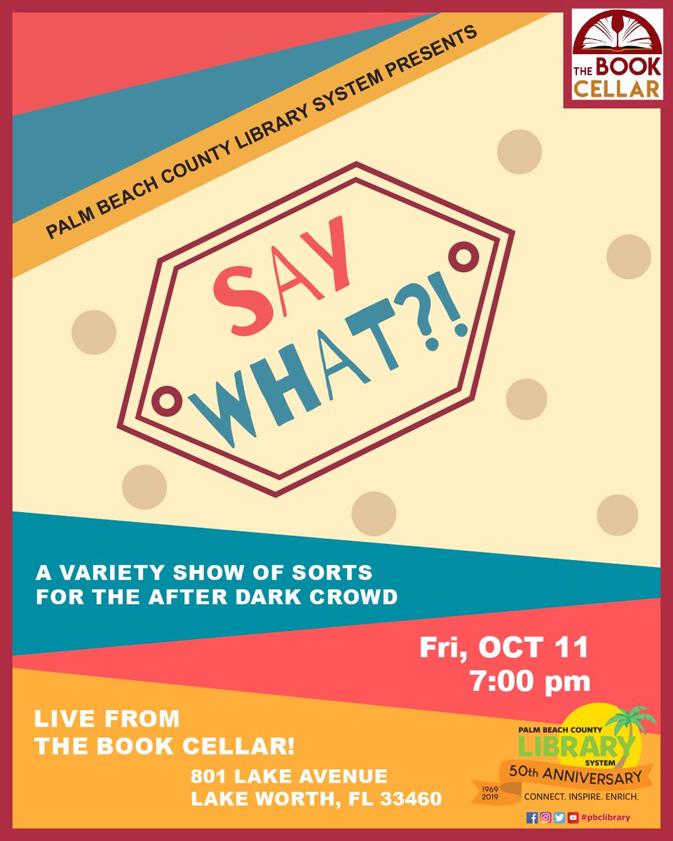 pbclibrary's tweet photo. Ingrid Schindall of IS Projects &amp; Photographer Ian Whitlen will be our featured guest at Say What?! Join us at the @bookcellarlw on Fri, Oct 11 at 7:00 pm. @pbcgov #lakeworthbeach #bookcellar #PBCLS50 #pbcLibrary https://t.co/2zODB7CmEN