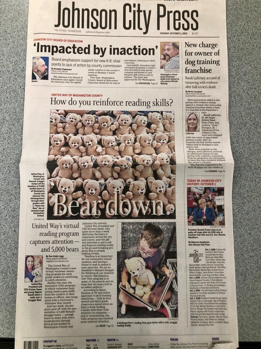 Did you see the front page of the Johnson City Press today?! 
We want to say a huge THANK YOU to everyone who helped us distribute 5,000 bears to all the K-3rd graders in the Washington County and Johnson City schools! The smiles and excitement of the children were priceless!🧸