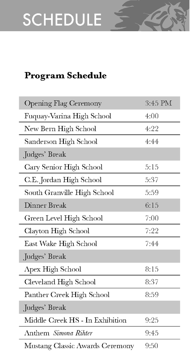 Schedule has been finalized, it's going to be a great day! <a href="/clvarts/">Cleveland Arts</a> <a href="/PCHSband/">Panther Creek Band</a> <a href="/GreenLevelBand/">GreenLevelBand</a> <a href="/apexhighband/">apexhighband</a> @claytonhighband <a href="/jordanregiment/">Jordan Regiment</a> <a href="/CHSMarchingBand/">Portsmouth’s Crown Jewel</a> <a href="/sandersonband/">Sanderson Band</a> @fvbengalbands <a href="/eastwakehs/">East Wake iTech and Design Magnet High School</a> <a href="/GCPSchools/">Granville Co Schools</a> <a href="/nbhsbears/">New Bern High School</a> <a href="/mchs_marching/">MCHS Marching Band</a>
 @MCHSBandDirectr <a href="/mchsmustangs/">Middle Creek HS</a>