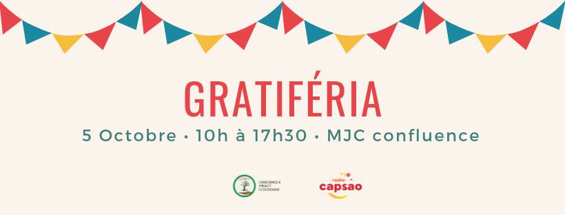 [#Bonplan #etudiant]
Pour s'équiper #gratuit et donner une seconde vie aux objets, rdv à la Gratiféria organisée par <a href="/Asso_CIE/">Association Conscience et Impact Ecologique</a> à la <a href="/MJCConfluence/">MJC Confluence</a> : un marché 100% gratuit où adopter des objets et/ou en donner ♻

🗓 Rdv ce samedi 5/10 10h-17H30
+ d'infos👉bit.ly/2ntRsqY