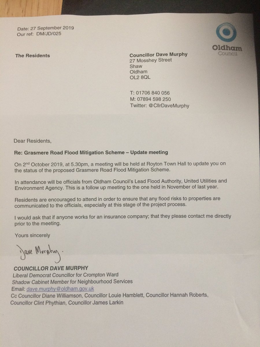 Seems like only those residents of Grasmere Estate who fall into the Crompton Ward have received this letter. Do the flooding issues associated with Hanging Chadder not equally affect those in Royton North? #GMSF #OldhamHour