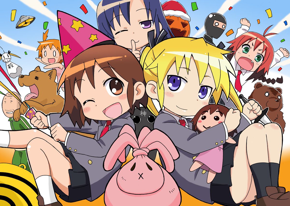 oribe yasuna ,sonya (kill me baby) multiple girls blonde hair school uniform brown hair one eye closed party hat twintails  illustration images