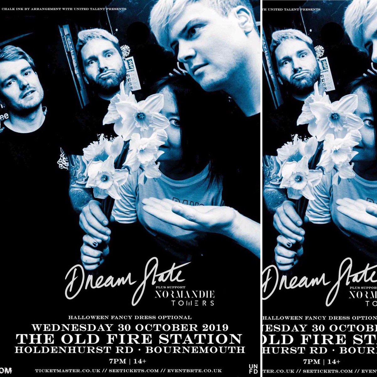 BOURNEMOUTH! We are so very excited to announce we’ll be supporting <a href="/DreamStateUK/">DREAM STATE</a> &amp; <a href="/WeAreNormandie/">Normandie 🙂</a> in October! Get down and dress up. 👻☠️

Tickets - bit.ly/DreamStateTOFS

#livemusic #bournemouth #ukband #localbusiness #altrock #emo