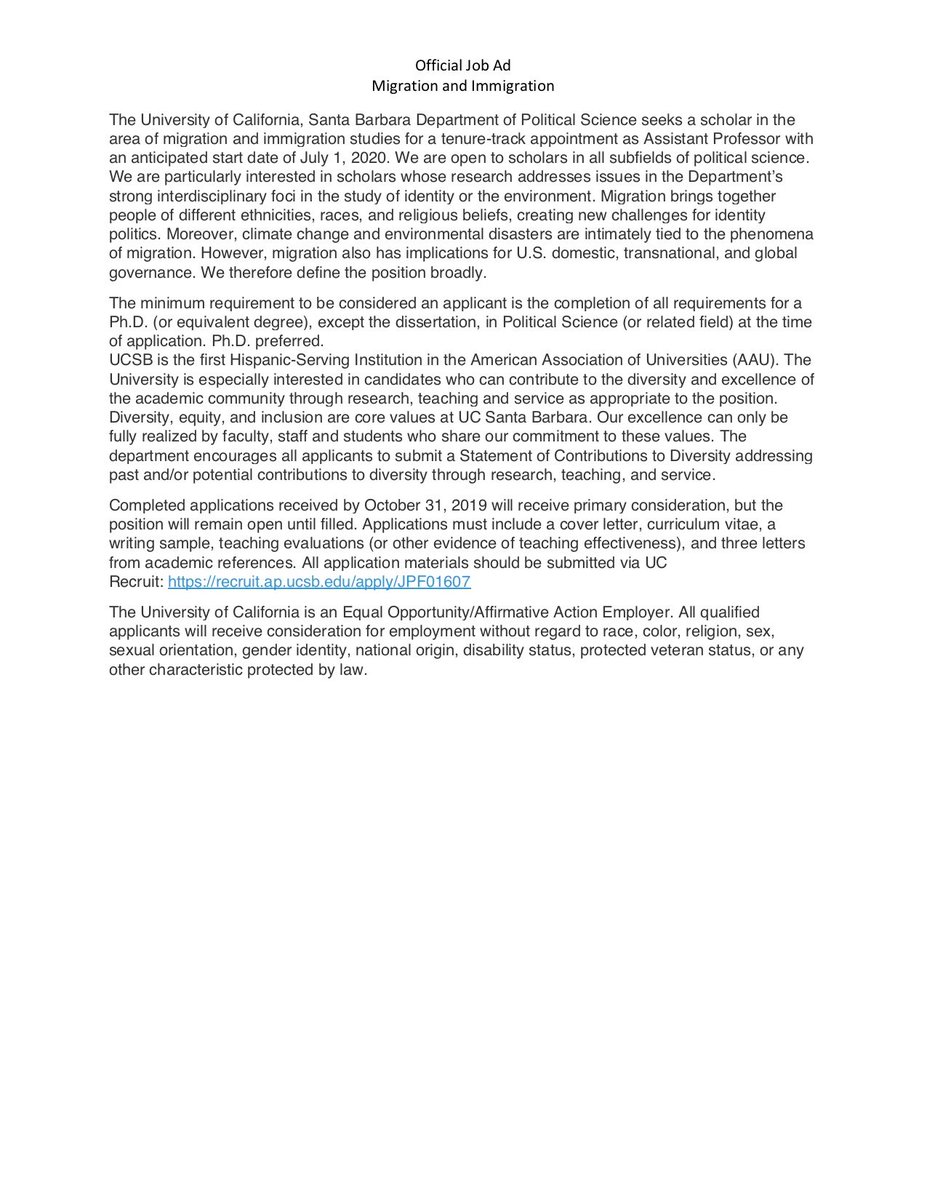 The Department of Political Science (<a href="/UCSBPoliSci/">UCSB Political Science</a>) at the University of California, Santa Barbara is hiring for two lines: one in IR and one in the Politics of Migration! 

Deadline: October 31st!