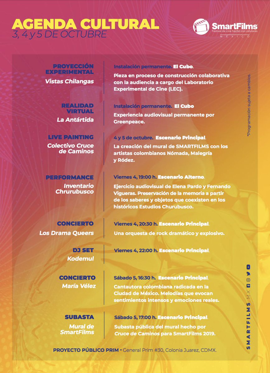 smartfilmsmx's tweet photo. Programación oficial Marco del Festival 2019 - Talleres y agenda cultural 📱🎞
.
#SmartFilms2019 #SmartFilmsMx #YoSoySmartFilms https://t.co/UG9bMXj58p
