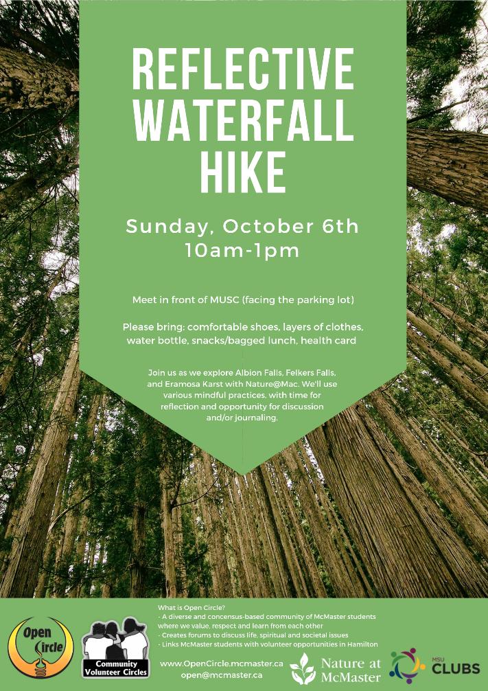McMaster SAS (@sasmacu) on Twitter photo Join Open Circle and <a href="/NatureMcMaster/">Nature at McMaster</a>'s Reflective Waterfall Hike! Take a reflective hike and breathe in the beauty of our own Hamilton waterfalls. Visit Albion falls, Felkers Falls, and Eramosa Karst.
Oct 06, 2019 from 10AM - 1PM
Meet in front of MUSC
bit.ly/2obPzPI Join Open Circle and <a href="/NatureMcMaster/">Nature at McMaster</a>'s Reflective Waterfall Hike! Take a reflective hike and breathe in the beauty of our own Hamilton waterfalls. Visit Albion falls, Felkers Falls, and Eramosa Karst.
Oct 06, 2019 from 10AM - 1PM
Meet in front of MUSC
bit.ly/2obPzPI