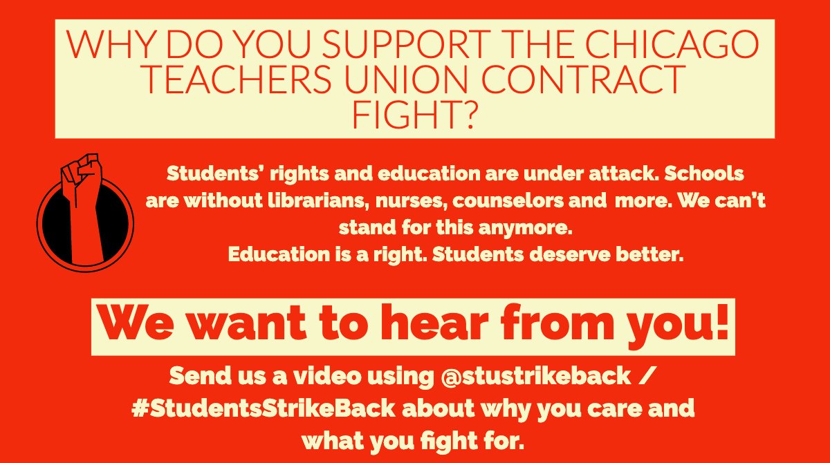 StuStrikeBack's tweet photo. Students Strike Back wants to hear from you! Why do you support the CTU contract fight? 

Send us a video with #StudentsStrikeBack! We want to compile all the videos and show CTU we have their back. https://t.co/PbKN3IHd3B