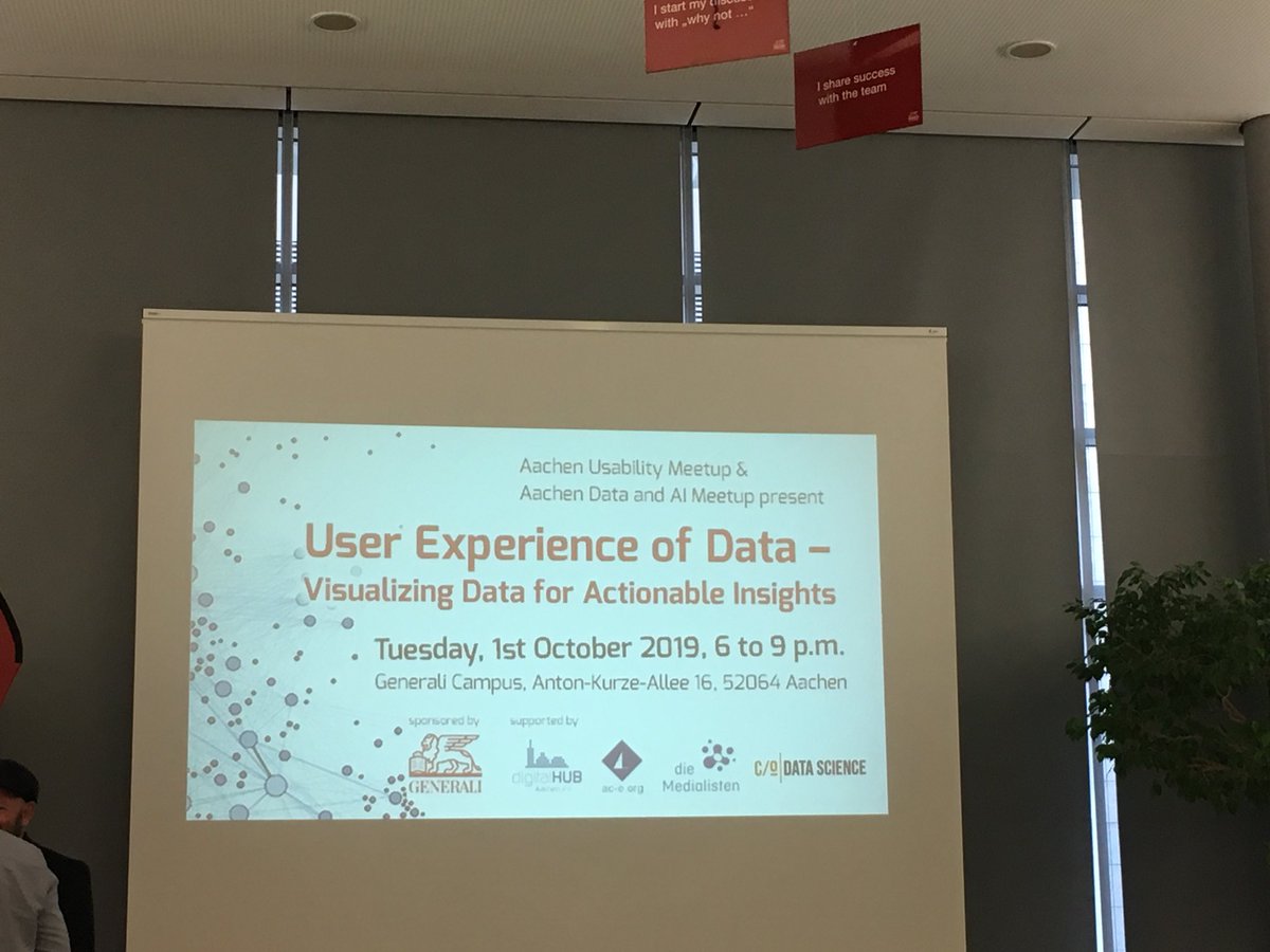 Bin neugierig auf die Ansätze zur nutzerorientierten Datenvisualisierung, die heute beim #Meetup in Aachen vorgestellt werden. Vielen Dank an den Gastgeber ⁦@GeneraliDE⁩!