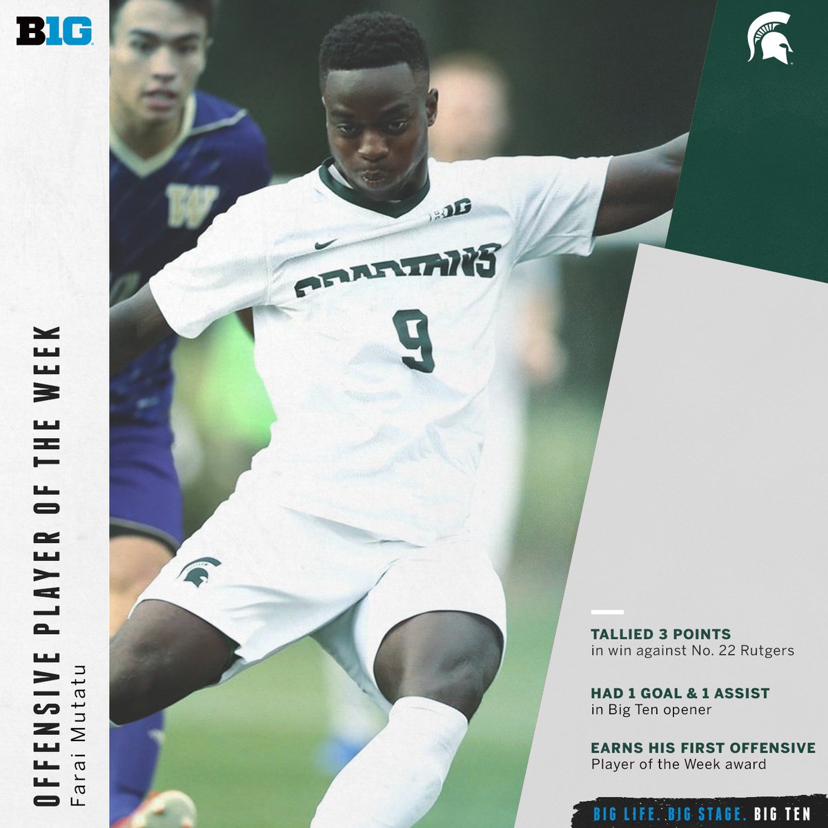 B1GSoccer's tweet image. Farai Mutatu of @MSUmsoccer is the #B1GMSOC Offensive Player of the week