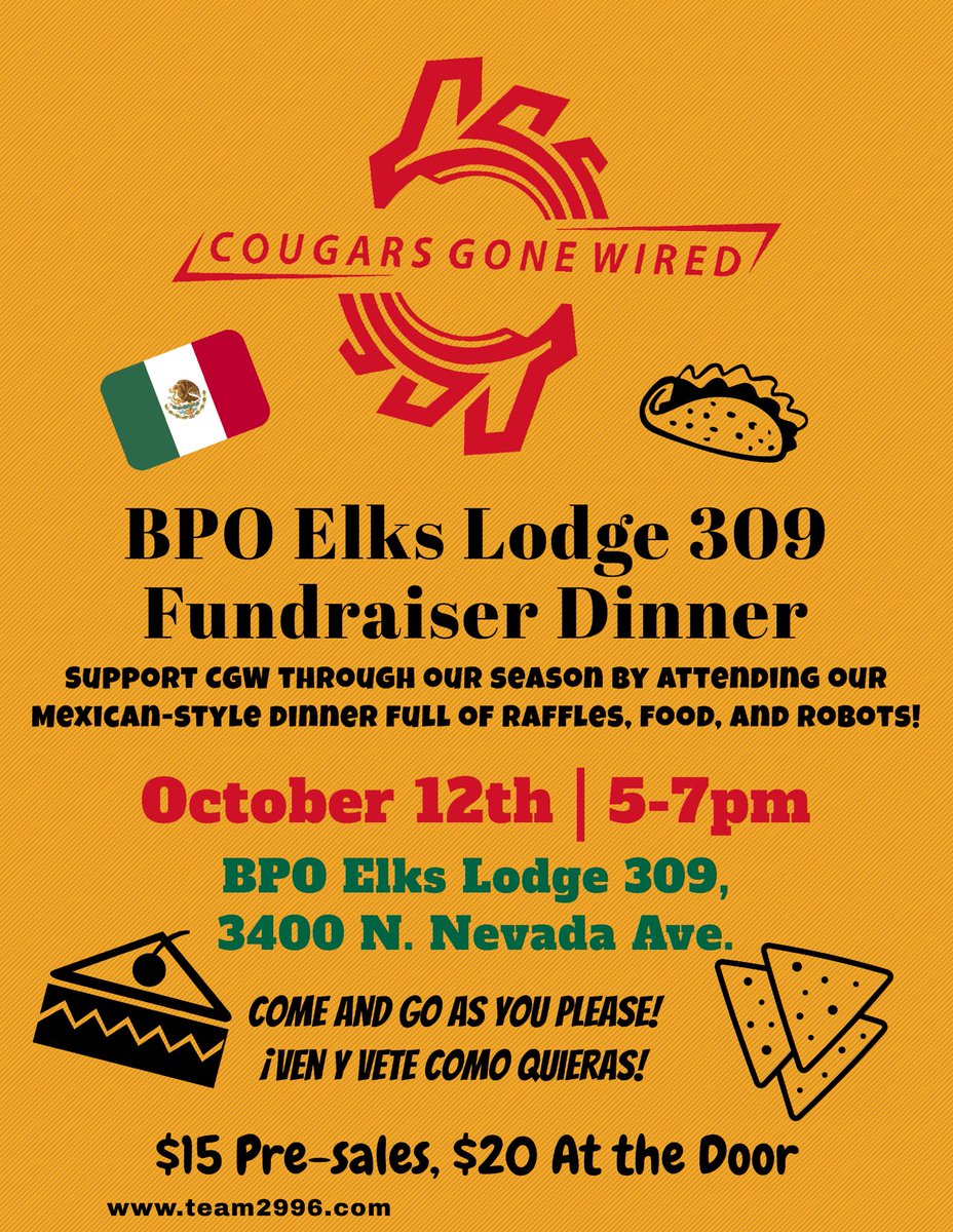 frc2996's tweet image. Don’t forget our Annual Fundraiser dinner is October 12th! If you don’t have a ticket yet contact someone on our team or reach out over this app, you don’t want to miss out on Mexican food, robots, raffles, and fun! #fundraiser #cssd11 #omgrobots