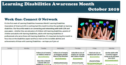 LDAofAmerica's tweet photo. October is LD Awareness Month! We invite you to join #withLDA during our #31DaysofLD. We will be sharing a weekly calendar filled with LD information and resources. Connect and network with us in week 1! Click here to check out this week's calendar https://t.co/ahyuOjqUFc. https://t.co/t3NLBr85SS