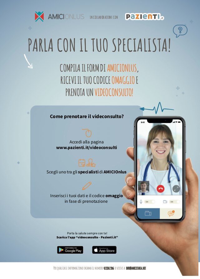 amiciibd's tweet photo. #AMICIOnlus, grazie alla collaborazione con @pazienti è la prima associazione ad offrire ai propri soci un nuovo servizio: il 𝗩𝗜𝗗𝗘𝗢𝗖𝗢𝗡𝗦𝗨𝗟𝗧𝗢 
Info |⤵️
https://t.co/MMMMh42N1N
#Videoconsulto #IBD #Coliteulcerosa #Crohn #AMICIWeCare #ConsultiAMICI https://t.co/s1OXQqiZ7h