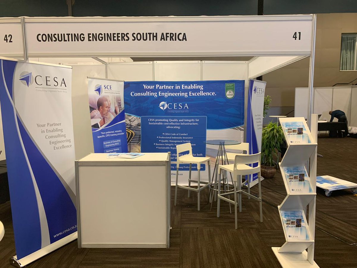 The_CESA's tweet photo. We are ready to welcome delegates to @The_CESA exhibition stand at the 2019 IMESA Conference taking place from 2 to 4 October at @DurbanICC. Come say hi at stand 41 and get to know more about @The_CESA, @CESA_YPs and @CESA_SCE. #IMESA2019 #ConsultingEngineers https://t.co/El9SWwWqe8
