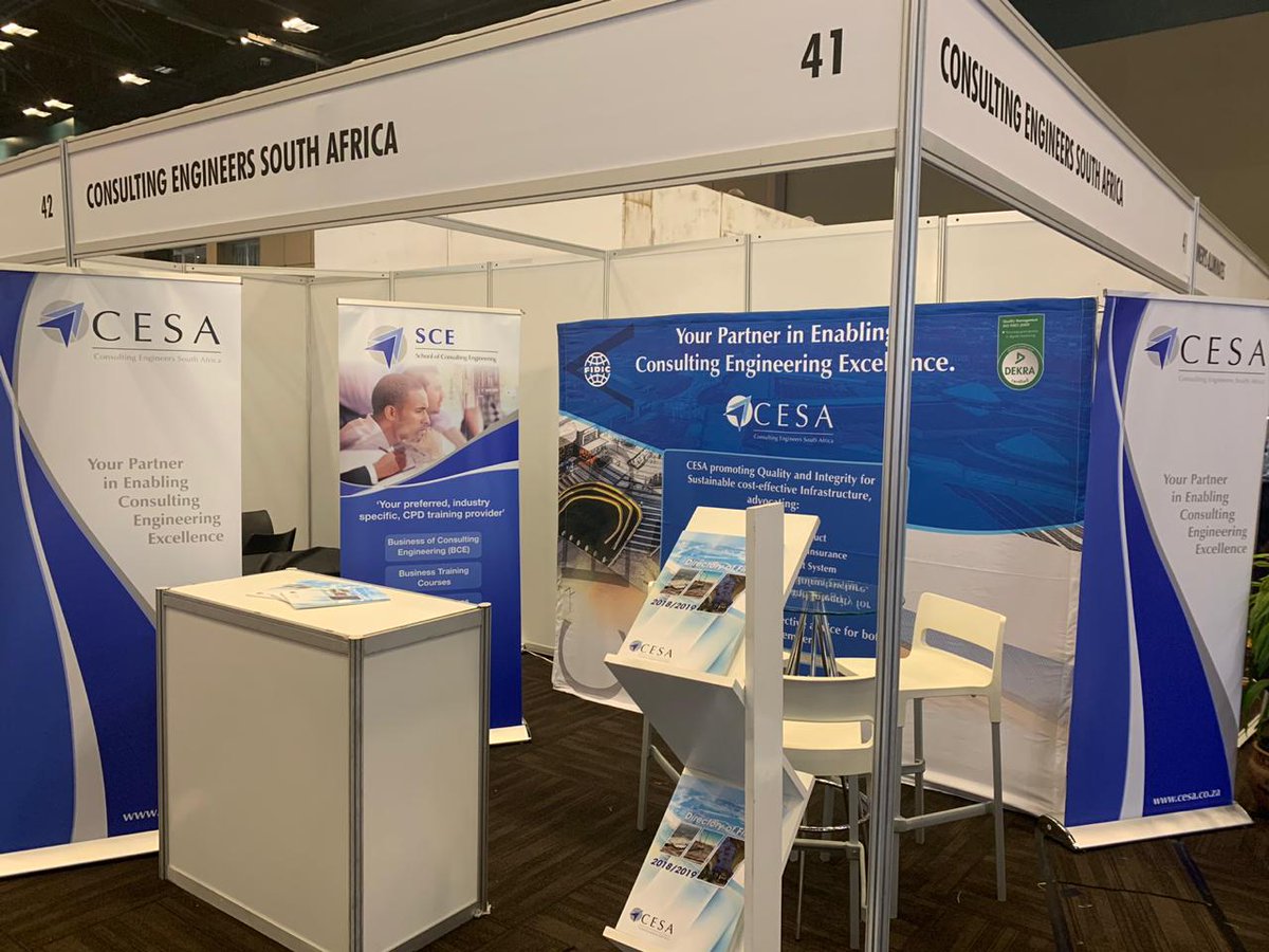 The_CESA's tweet photo. We are ready to welcome delegates to @The_CESA exhibition stand at the 2019 IMESA Conference taking place from 2 to 4 October at @DurbanICC. Come say hi at stand 41 and get to know more about @The_CESA, @CESA_YPs and @CESA_SCE. #IMESA2019 #ConsultingEngineers https://t.co/El9SWwWqe8