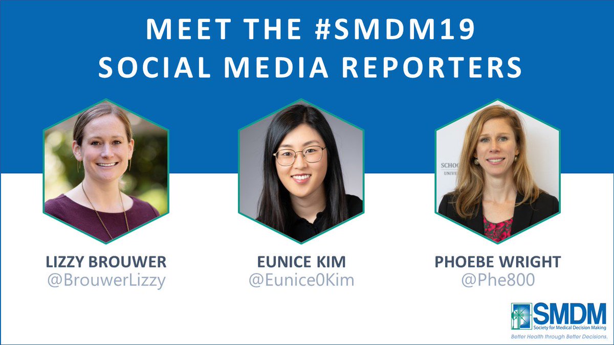 Congrats to this year's <a href="/socmdm/">Society for Medical Decision Making (SMDM)</a> social media reporters: Phoebe Wright (<a href="/Phe800/">Phoebe Wright</a>), Lizzy Brouwer (<a href="/BrouwerLizzy/">Lizzy Brouwer</a>), and Eunice Kim (<a href="/eunice0kim/">Eunice Kim</a>)! Follow these young scholars to hear about the latest and greatest decision sciences research being presented at #SMDM19 in Portland, OR.