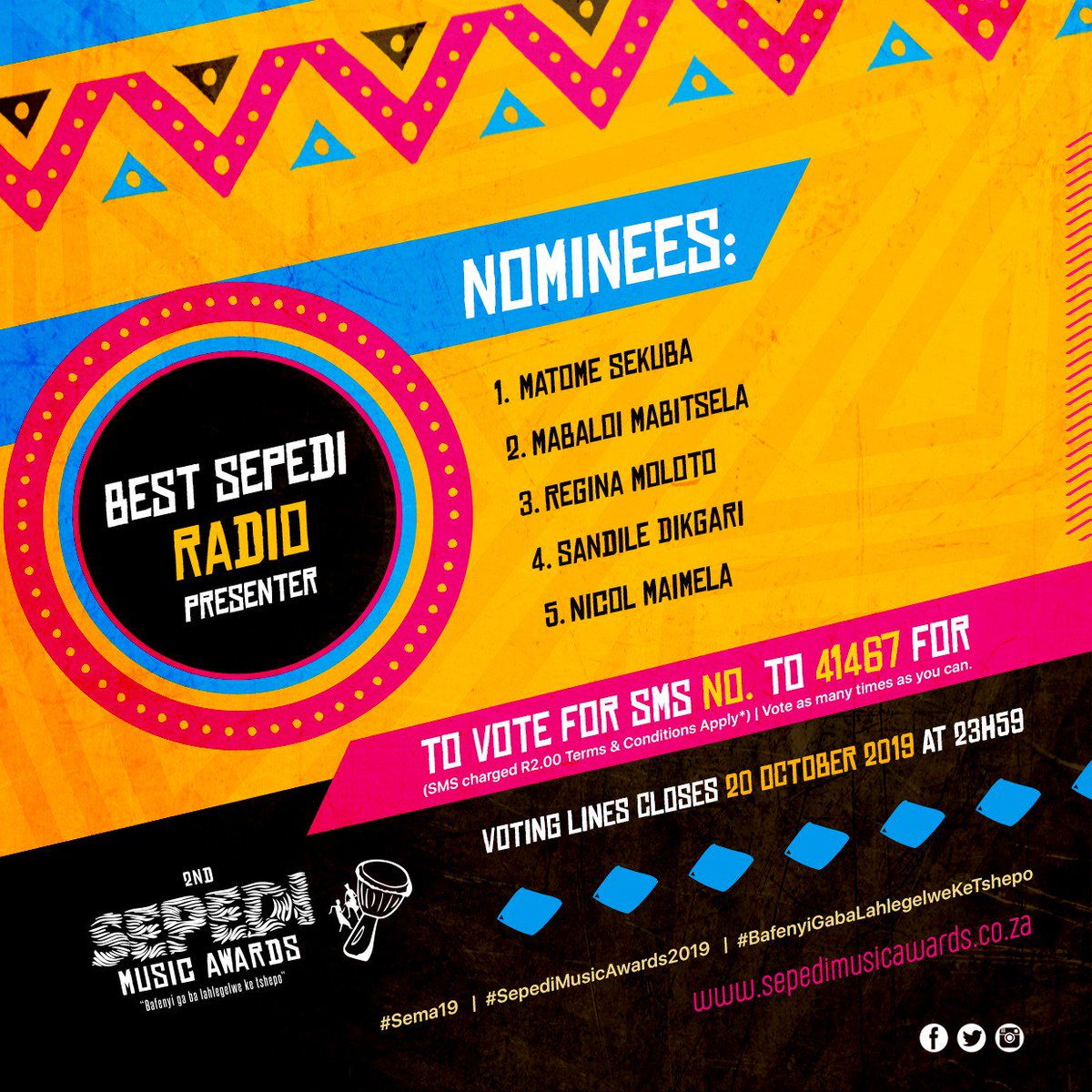 SepediAwards's tweet photo. #SEMA19 VOTING LINES OFFICIALLY OPENED 
To vote, sms the number of the artist to 41467 https://t.co/IOonz6rAi5