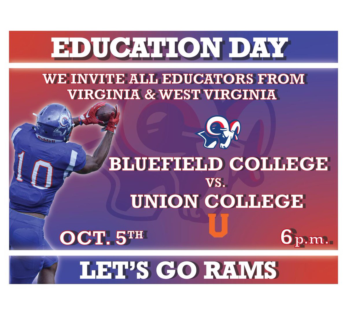 BluefieldRams's tweet photo. All educators and staff in the Two Virginias are invited to join us Saturday, Oct. 5 for Education Day as the Rams take on Union College at Mitchell Stadium. Free Admissionfor you and one guest with your school-issued ID. Children under 3 - Free; Age 3-18 $5; Adults $10. https://t.co/uekOqeVxMD