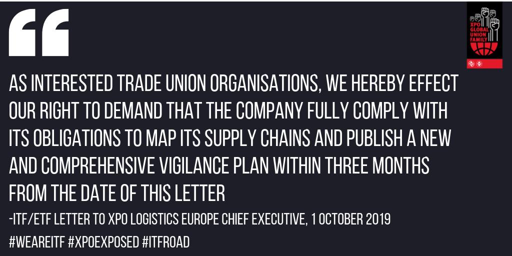ITFglobalunion's tweet photo. It's time for @XPOLogistics to start respecting its workers and their unions, and start talking. But the ITF, the @ETF_Europe ​ &amp; our unions are ready to use the law to make XPO clean up its business. Read more here: https://t.co/Mz7SHuStmd #WeAreITF #ITFroad #XPOexposed https://t.co/D2YVTNedcv
