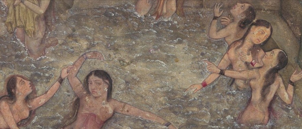 Women bathing in the moonlight. 18th century unknown artist. 13 women bathing in a river / pond, a full moon above them & a Prince or a Nobleman watching them. pic courtesy MET #Art #History #SummerDelights @DalrympleWill @JAJafri @mukhoty @ssharadmohhan @dpanikkar @mrehanasad79