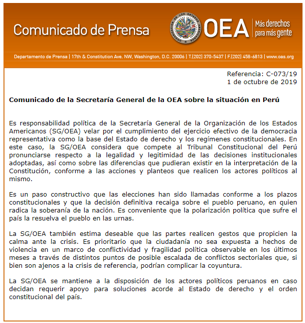 Almagro_OEA2015's tweet photo. Comunicado de la Secretaría General de la @OEA_oficial sobre la situación en #Perú 

https://t.co/G5wQw6Laxd https://t.co/mfdjLd1znc