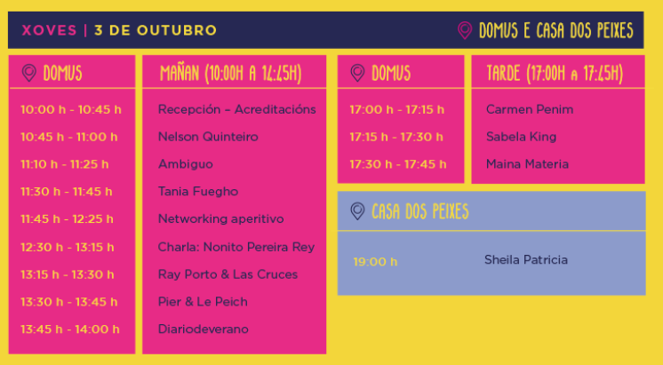 SeaSonsCoruna's tweet photo. Programación para os vindeiros días 3 e 4 de outubro! Vive o Sea Sons Festival #chegouaonda #corunamola https://t.co/gvySelFAI4