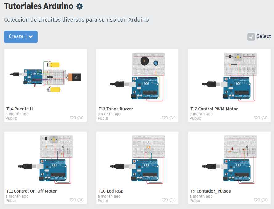 Circuitos diversos con 
<a href="/arduino/">Arduino</a> en <a href="/tinkercad/">Tinkercad</a> Circuits,  ya disponibles en: tiny.cc/8pn5bz
Incluye código (generado por <a href="/ardublock/">ArduBlock</a> )