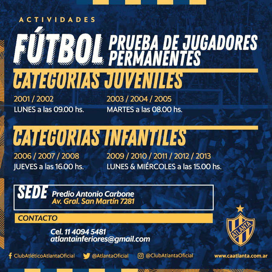 atlantaoficial's tweet photo. #Atención ⚽
[PRUEBA DE JUGADORES para #FutbolJuvenil #FutbolInfantil]
.
¡Si querés formar #ParteDeAtlanta y naciste entre el 2001 y 2013 esta es tu oportunidad! 😉
.
Mirá la información en la imagen y, ante la duda, contactanos:
📲 11-4094-5481
📧 atlantainferiores@gmail.com https://t.co/PCk9Qu60rf