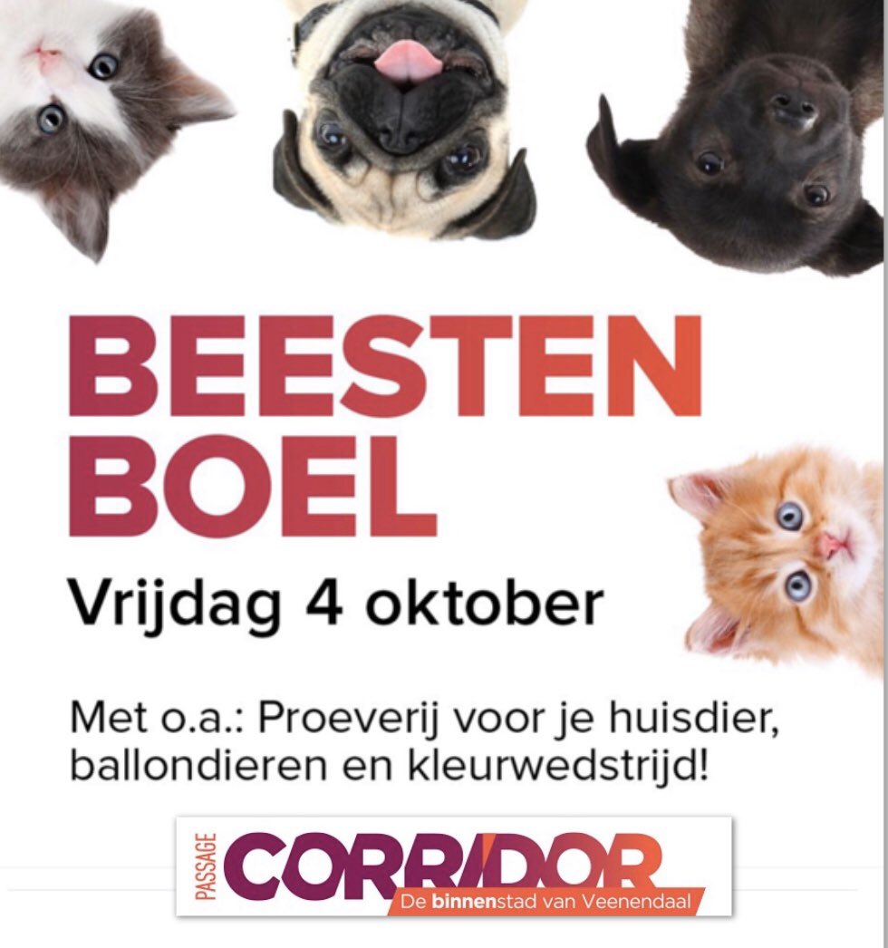 PassageV's tweet photo. BEESTENBOEL 🐶
Op vrijdag 4 oktober verwelkomt winkelcentrum Passage Corridor huisdieren! Speciaal voor Dierendag mogen bezoekers van het winkelcentrum op deze dag hun katten en honden meenemen naar Veenendaal.  Van14:00 – 21:00 uur
Zien we jouw en je beste maatje deze vrijdag? https://t.co/KpV0lgJWWc