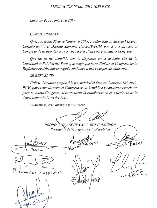congresoperu's tweet photo. Aquí puedes encontrar la resolución que declara inaplicable por nulidad el Decreto Supremo 165-2019-PCM, que disuelve el Congreso de la República → https://t.co/5F6tFjKbMy https://t.co/HshcFYyGVd